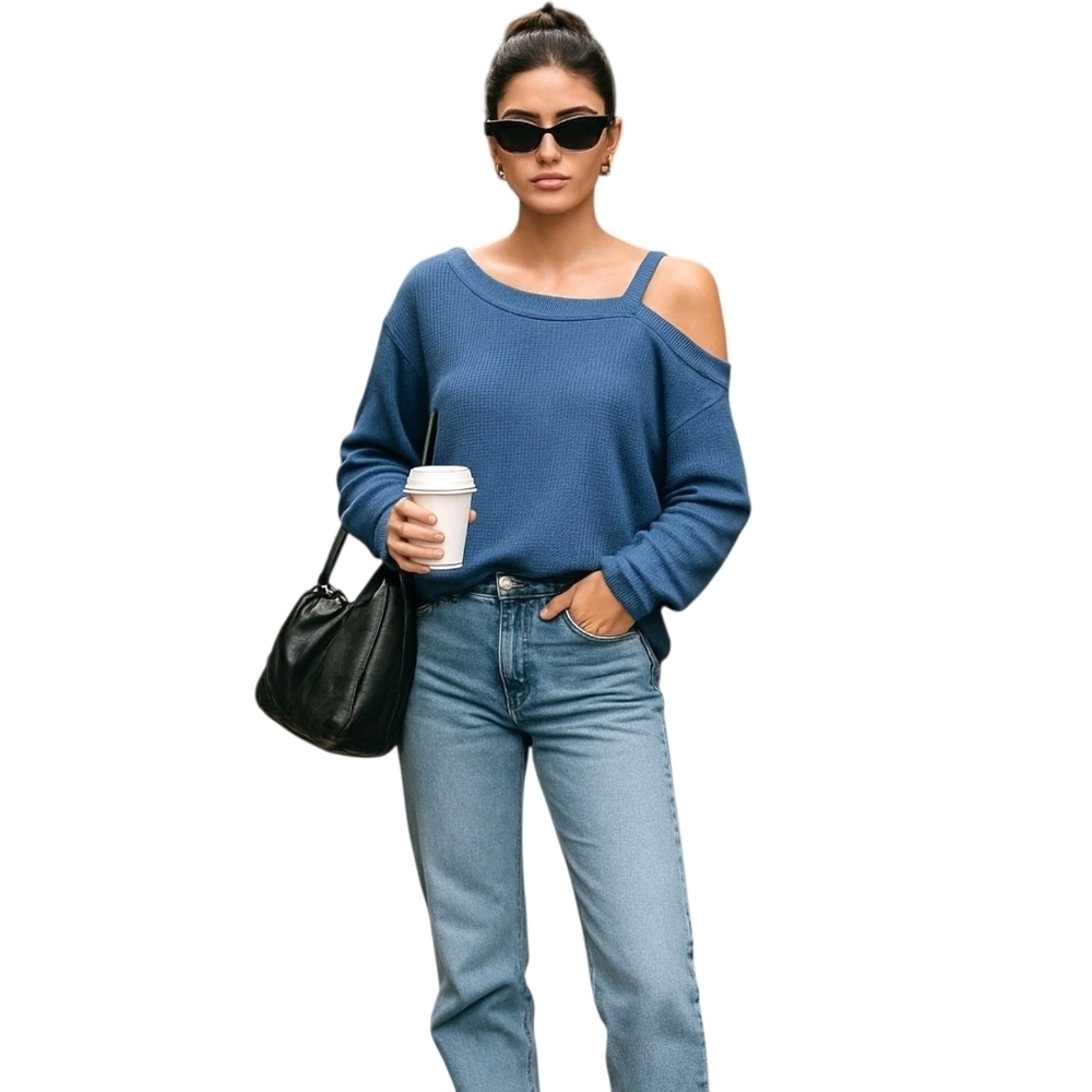 Womens Blue Off Shoulder Waffle Knit Top Size M Long Sleeve Raw Hem Relaxed Fit